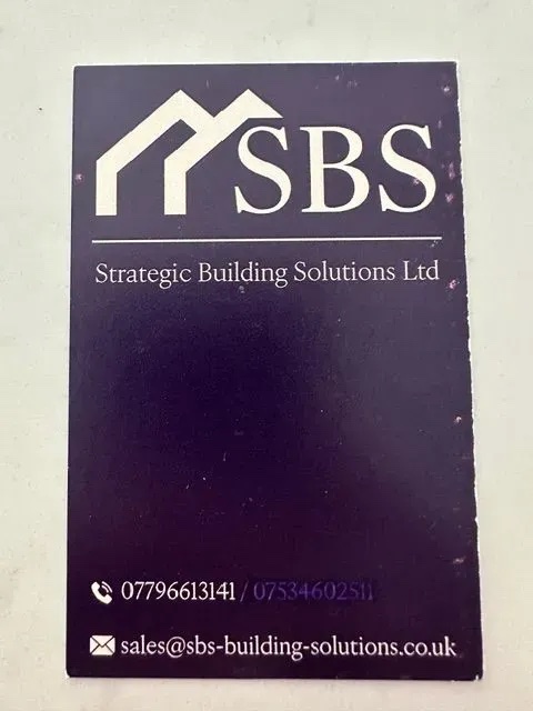 The Strategic Building Solutions business card, showing the SBS logo, both phone numbers and the sales email address
